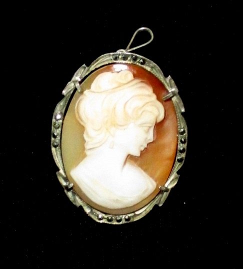 Cameo Pin/Pendant in Sterling & Marcasite Bezel: 1 3/8" long.