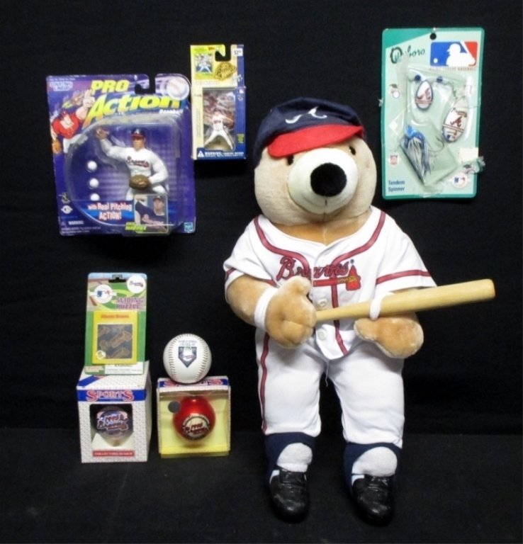 Braves Baseball Memorabilia: Inc. Pro Action Greg Maddux mint in package, large bear, ornaments, packaged puzzle, ball, tandem spinner bait, Maddux Topps Action Flats