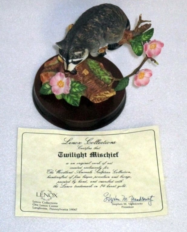 Lenox Porcelain Racoon Twilight Mischief: 5.25" on stand, w/paperwork & authentication certificate.