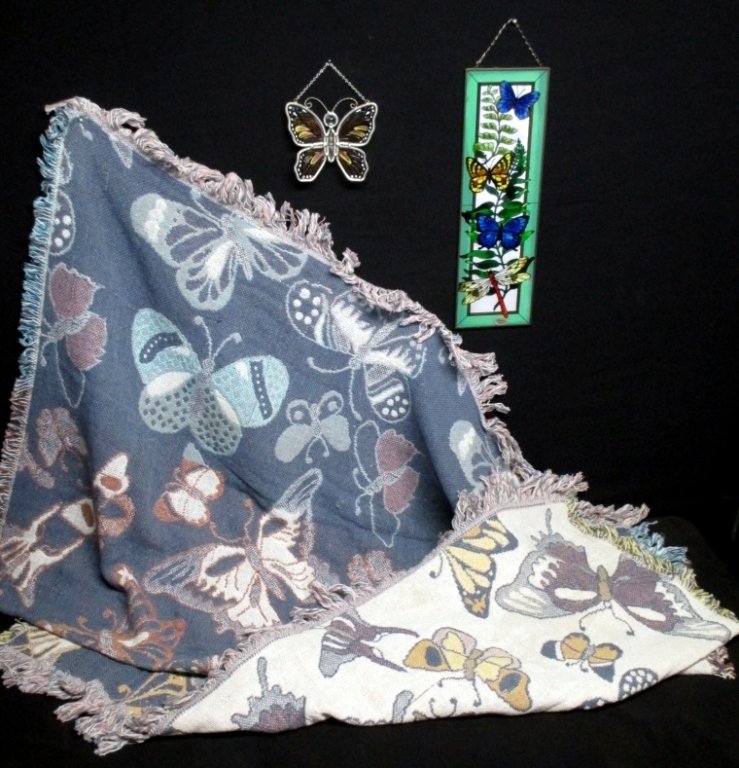 Butterfly Throw & Stained Glass Hangings: Throw 61" x 48", butterfly hanging and butterfly & dragonfly rectangular hanging (15" x 5" wide).