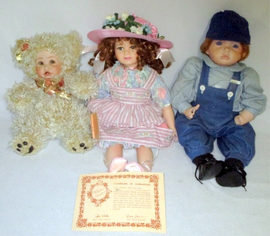 3 Porcelain Dolls Inc. Robin Woods Abby: Abby w/Certificate of Authenticity 23.5" tall., bear w/porcelain face and boy doll (hands broken).