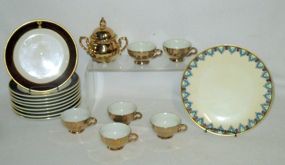 Shenango, Bavarian Plates & Japanese Cups & Sugar: 9 Shenango 7.25" diameter plates, 8.5" diameter Bavarian plate and gold covered sugar & 6 demi-tasse cups.