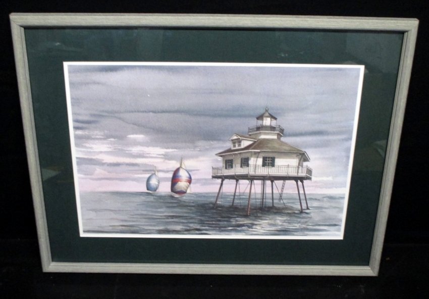 Donna Peters Ltd. Ed. Lighthouse & Sailboats Print: Signed by artist lower right, 60/500, Light of the Bay, Mobile, AL, art information on back, sight 13.25" tall x 19.5" wide, framed 19.5" tall x 25.5" wide.