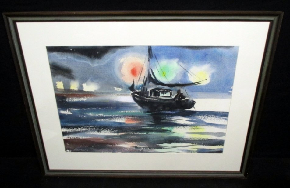 Lucy Peters Signed Watercolor: Sailboat on the Water: Noted Panama City, FL deceased artist, sight 15" tall x 21.5" wide, framed 23" tall x 29" wide.