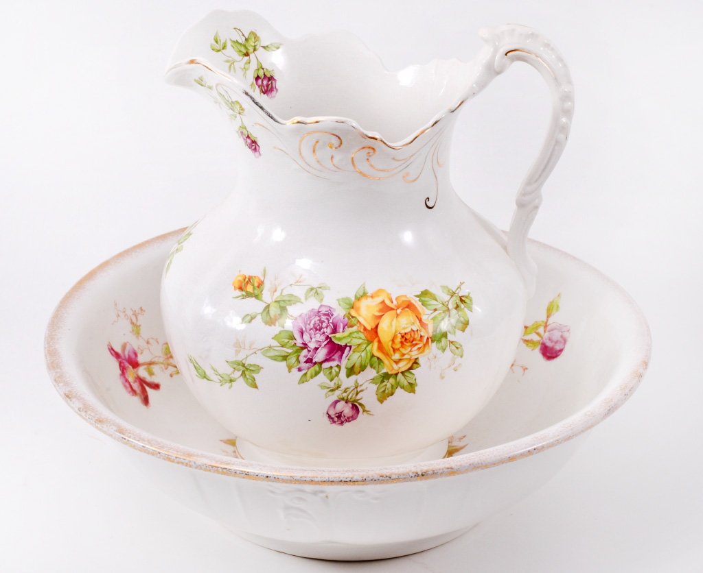 Wash Bowl & Pitcher (Buffalo Pottery): Both rose decorated, non matching, unmarked bowl 15.5" diameter, pitcher 11.74" tall. Expected wear.