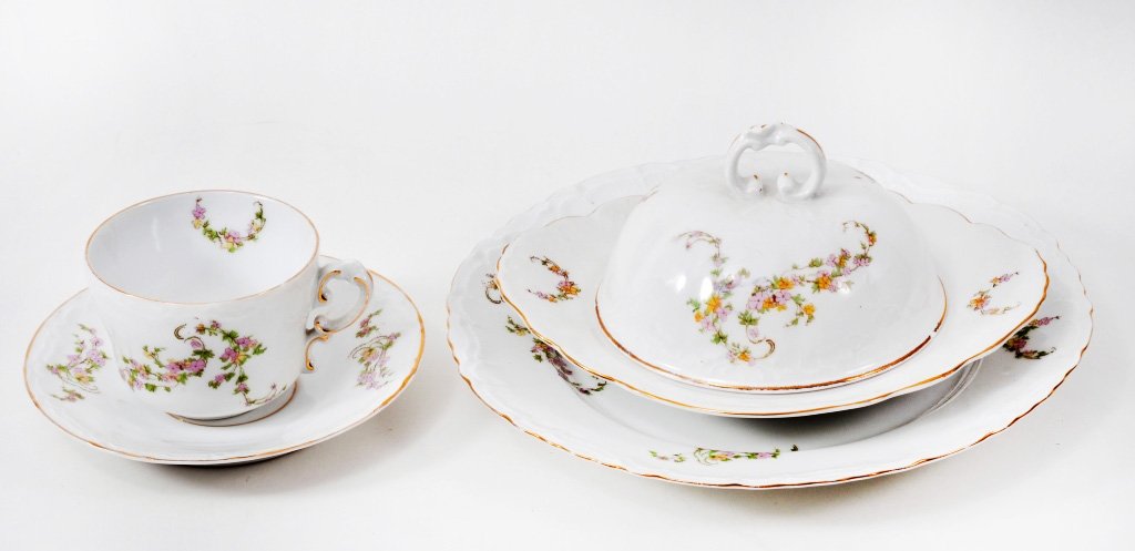 Bavarian Dishes Inc. Covered Butter: Covered butter, cup, saucer and dinner plate. Small rim chip on cup and butter cover. Expected wear.