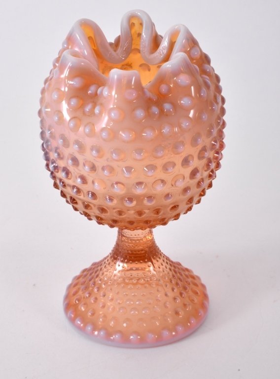 Opalescent Hobnail Pinched Pedestal Vase: 6.5" tall. Expected wear.