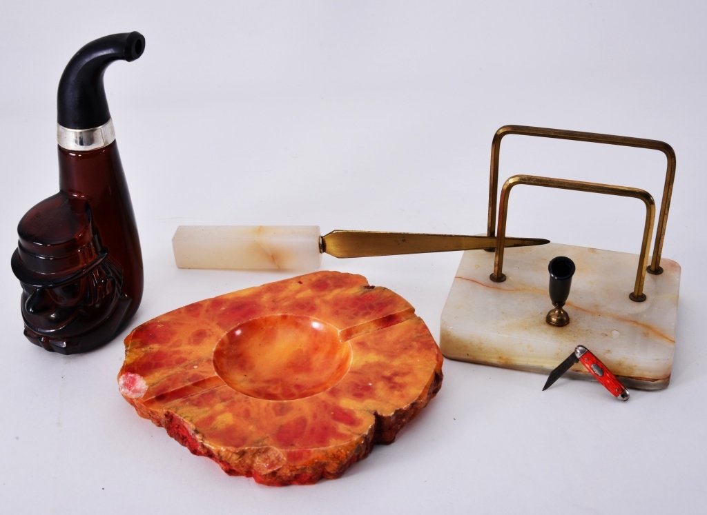 Desk Set Plus: Marble letter holder & opener, Avon pipe, alabaster ashtray (Italy) has chip. Expected wear.