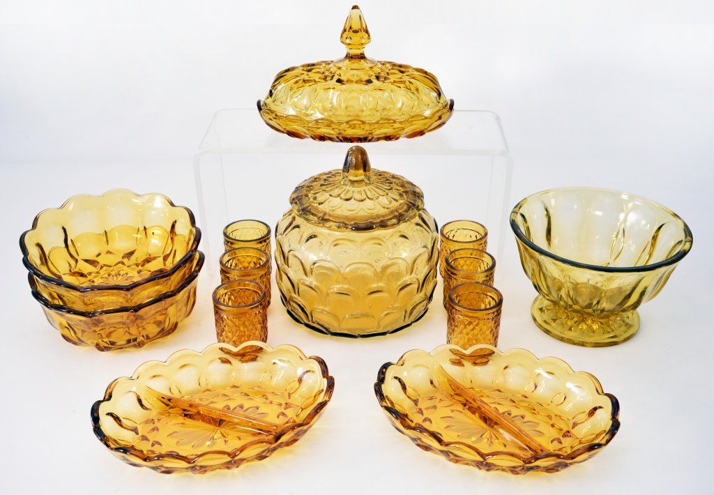 Amber Jiggers, Bowls, Covered Butter & Relishes: 6 shot glasses, 3 bowls (1 footed 3.75" tall), covered jar, covered butter & two relish dishes. Expected wear.