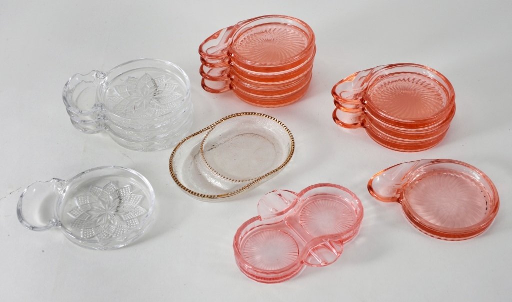Depression Glass Pink & Clear Coasters: 8 pink w/thumb holes, double pink ashtray, 4 clear w/finger holes, and one heart pattern w/finger holes. Expected wear.
