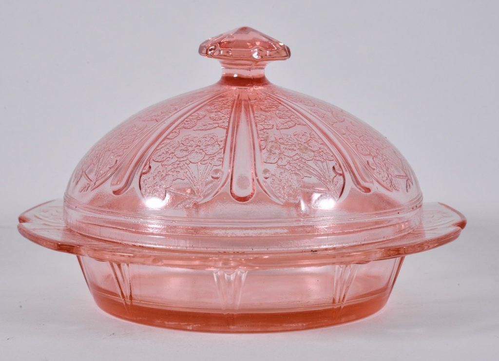 Pink Cherry Blossom Covered Butter: Jeannette Glass 1932-39. Expected wear.