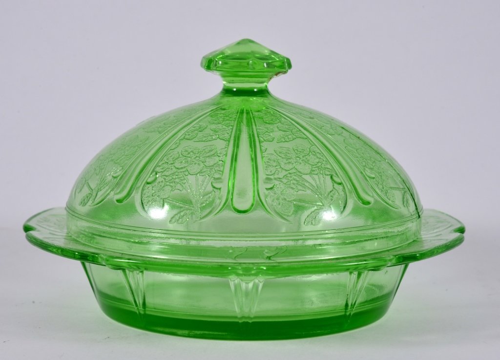 Green Cherry Blossom Covered Butter: Jeannette Glass 1930-39. Expected wear.