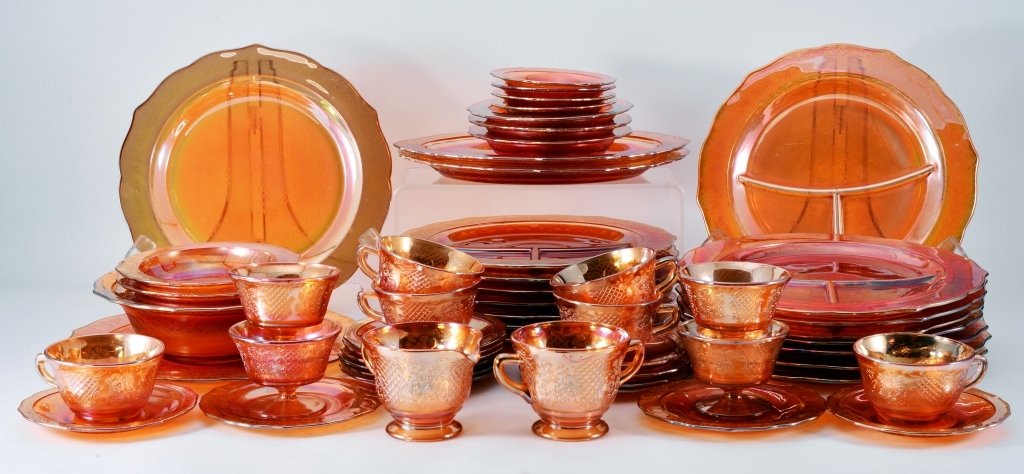 Normandy Bouquet & Lattice Iridescent Dinnerware: Over 50 pcs., inc. dinner plates, grill plates, cups & saucers, sherbets & plates, berry bowl set, platters, bowls, cream & sugar. Federal Glass 1933-40. Expected wear.
