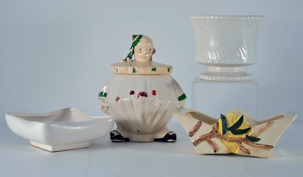 McCoy Clown Cookie Jar & Three Planters: Clown 9" T piece broken off hat. Expected wear.