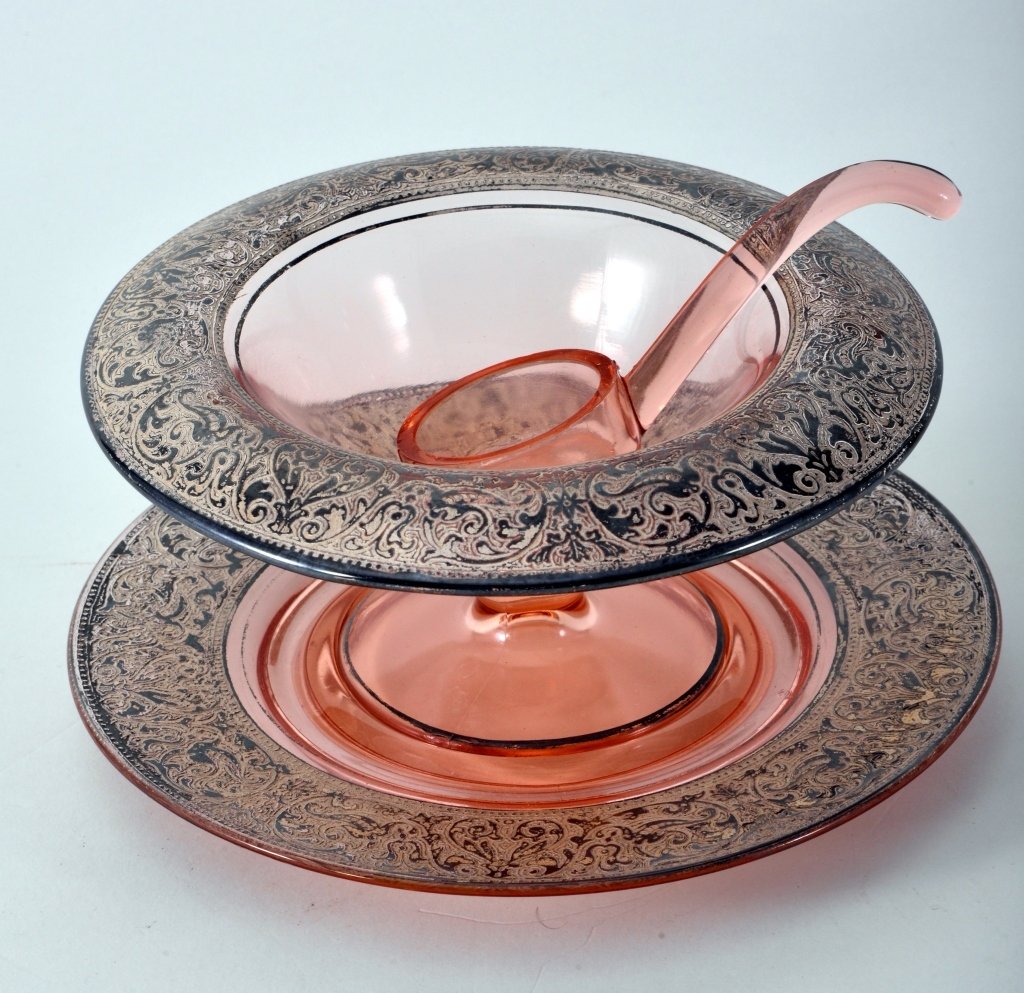Three Piece Pink Mayonnaise w/Wide Gold Bands: 8" D underplate. Some wear to gold. Expected wear.