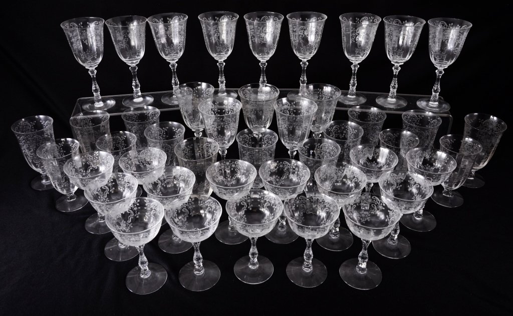Fostoria Meadow Rose Crystal Stemware: Over 40 stems inc. waters, wines & champagnes. Expected wear.
