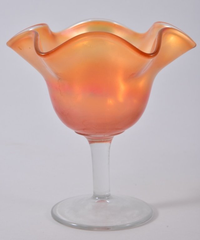 Iridescent Ruffled Edge Compote w/Clear Stem: 5.5" T. Expected wear.