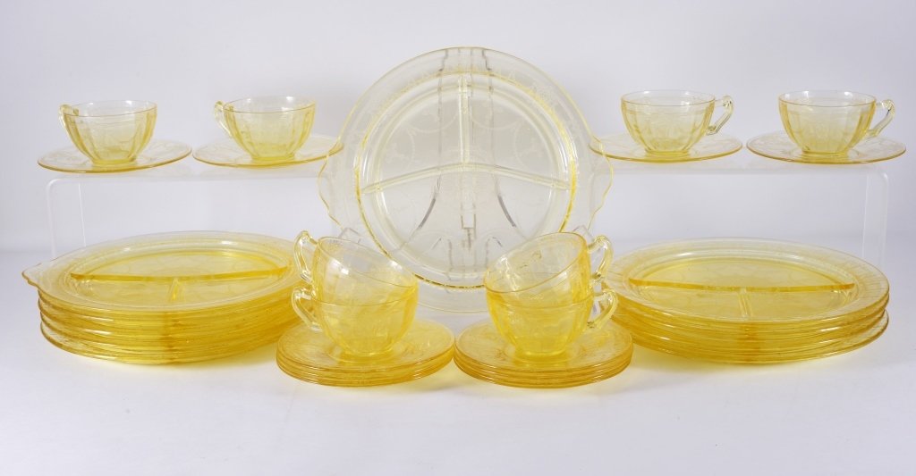 30 Pieces Cameo/ Ballerina Yellow Dinnerware: Including tab handled (11.5") and regular grill plates (10.5"), cups and saucers. Expected wear.