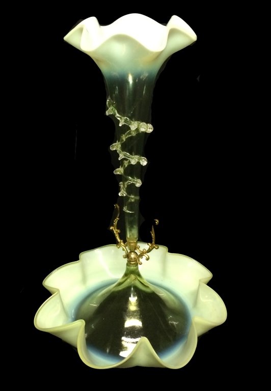 Ruffled Edge Single Horn Epergne: 18" T. Some lower rigaree missing. Expected wear.