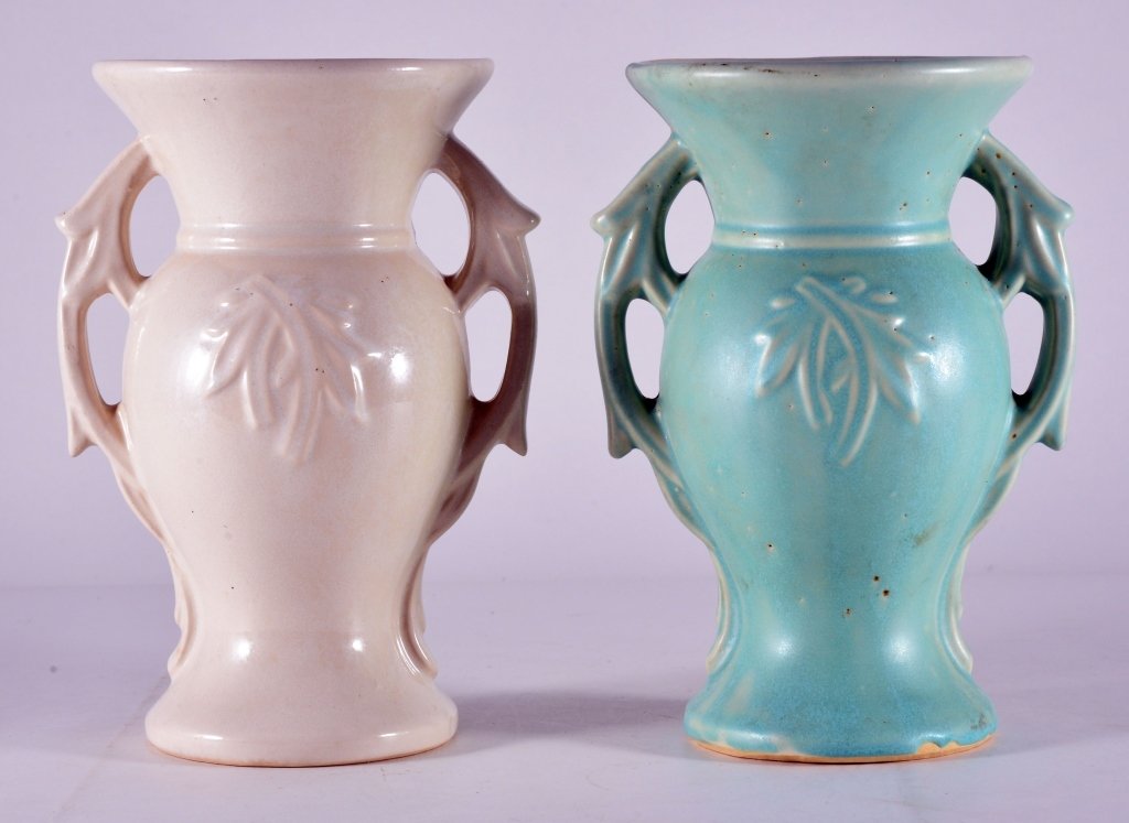 McCoy White & Green Vase: Identical, 9" T. Expected wear.