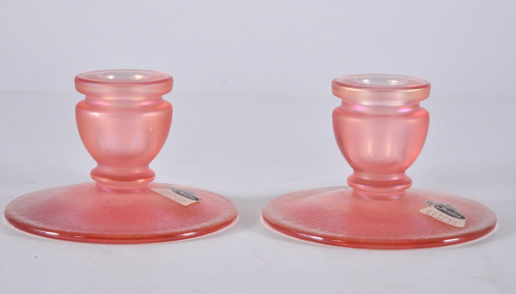 Pair Fenton Pink Candleholders: 2.75" T. Expected wear.