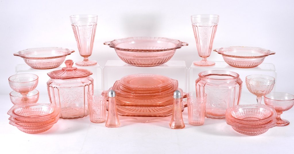 Mayfair Open Rose Pink Dinnerware: Over 25 pieces including salt and pepper flat, two 7" D two handled bowls, 2 two footed cake plates (one w/foot chips), 2 biscuit jars (one lid), 10" D fruit bowl (small chip on edge), plus more. Hock