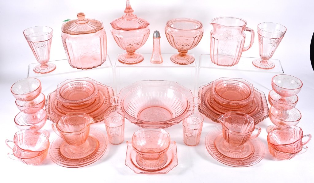 Mayfair Open Rose Pink Dinnerware: Over 30 pieces including covered candy, sherbets, 2 creamers, one sugar, cups and saucers, 5.75" T pitcher, covered cookie jar, 5.5" D bowls, 6.75" D plates, 5.5" T footed tumblers, 3.5" juice glasses