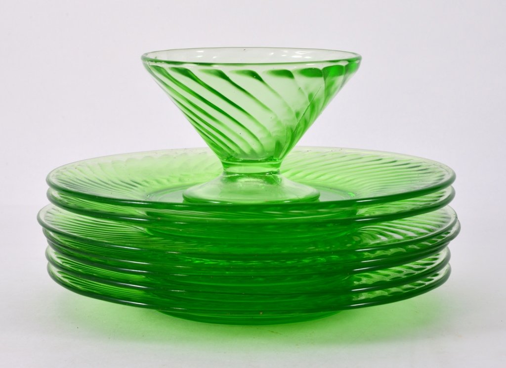 Green Swirl Depression Glass: Including sherbet and seven 8" D plates. Expected wear.