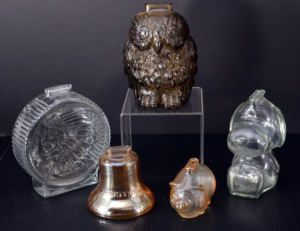 Selection Glass Banks: Snoopy, pig, iridescent Liberty Bell, owl (6.75" T), Indian/ buffalo. Expected wear.