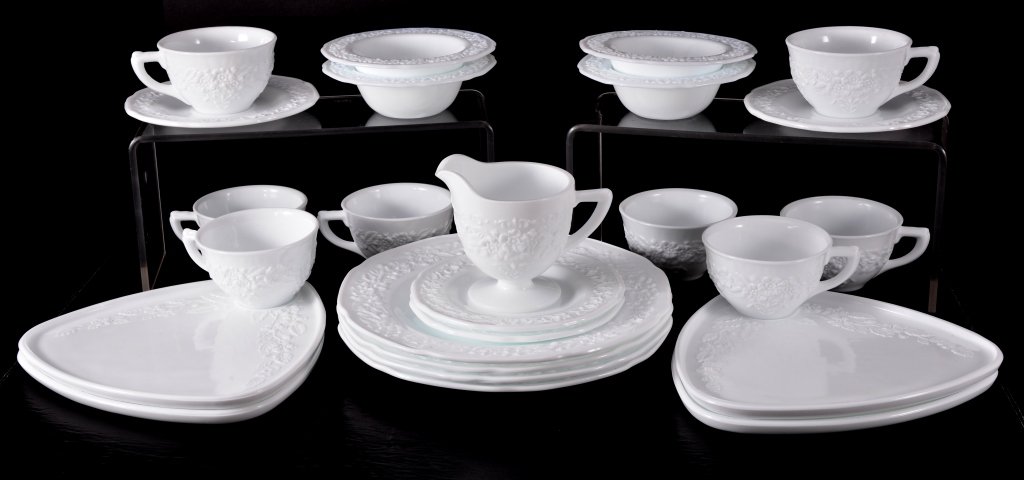 Milk Glass Flower & Leaf Band Dinnerware: 24 Pieces Including 4 each snack plates & cups, plates, fruit bowls, cup & saucers plus creamer. Indiana Glass 1950. Expected wear.