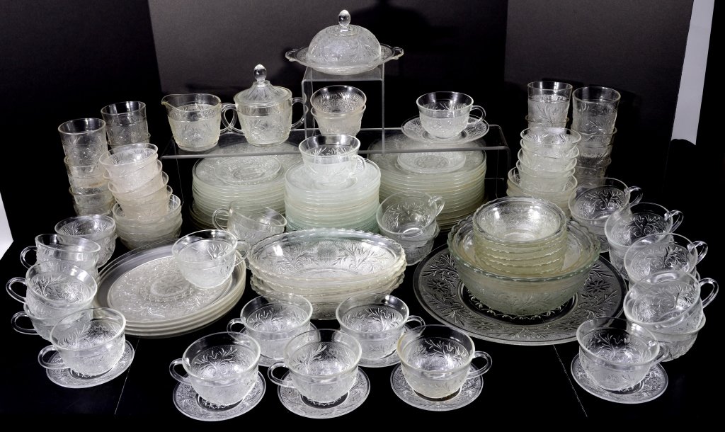 Clear Sandwich Dinnerware: Over 140 pieces including covered sugar/creamer, covered butter, crimped edge bowls, fruit bowls, cups & saucers, custard & saucers, plates, platter, 4" T glasses. Expected wear.