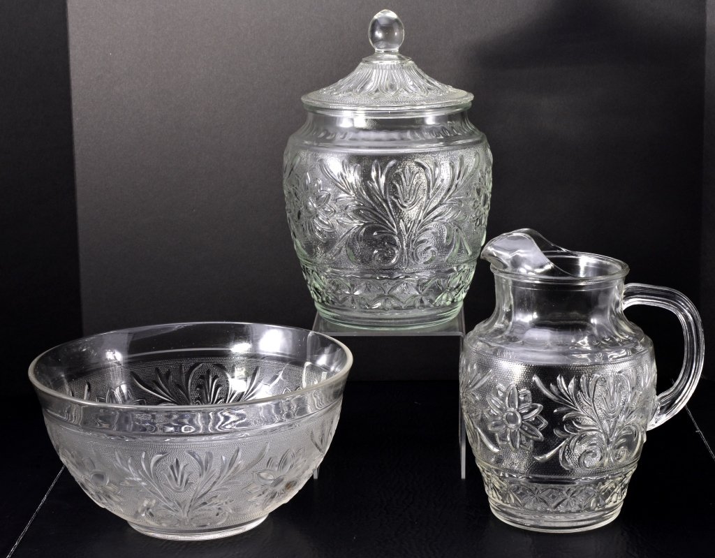 3 Clear Sandwich Serving Pieces: Covered cookie jar, 9.25" T pitcher w/ice lip, 10" D x 5" T salad bowl. Expected wear.