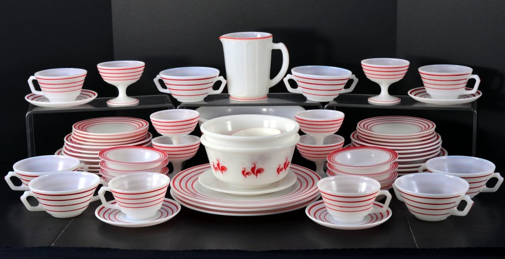 Moderntone Platonite Red & White Dinnerware: Over 60 pieces including plates, plates, cups & saucers, custards, bowls plus more. Expected wear.