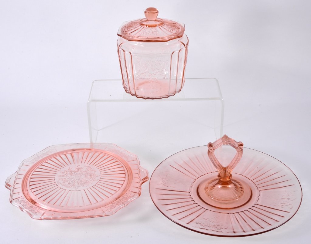 Mayfair Open Rose Service Glassware: Including 10" D footed tab handled cake plate, covered cookie jar, 11" D sandwich plate. Expected wear.