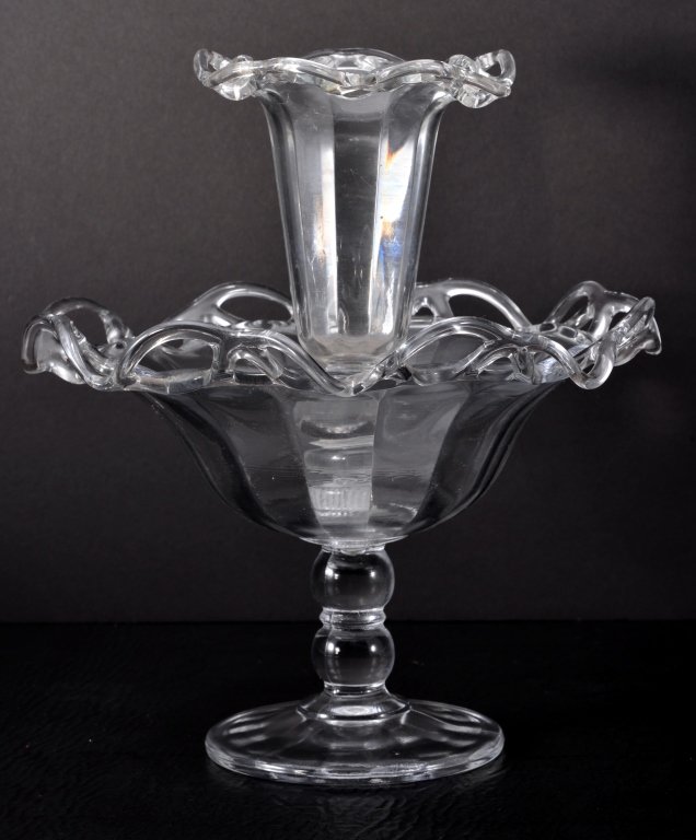 Crocheted Crystal Clear One Horn Epergne: 11.5" T. Expected wear.