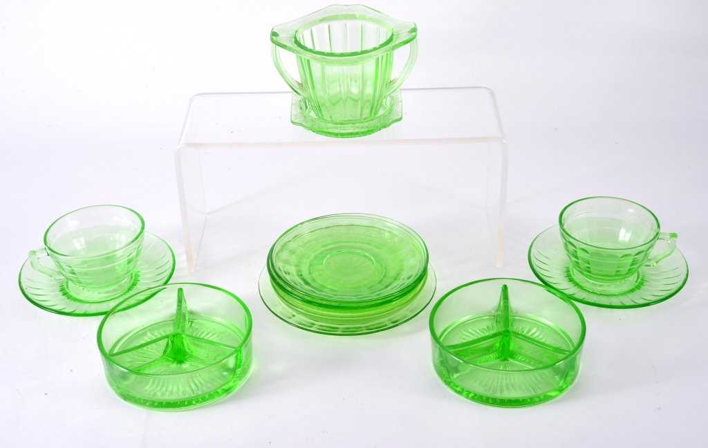 Green Depression Glass w/Adam Sugar & Coaster: Including 2 round divided dishes, cups & saucers. Expected wear.