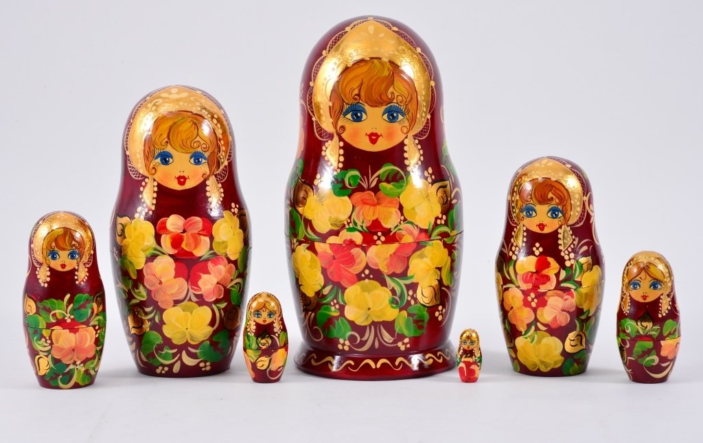 Set Of Signed Russian Nesting Dolls: Seven dolls, tallest 8.25" T.