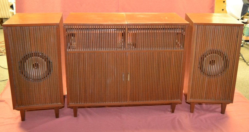Vintage Entertainment Center & 2 Pioneer Speakers: Stereo cabinet w/two Sony reel to reels (TC-263D), an SRA-3 Stereophonic Recording Amplifier, a Garrard Laboratory Series Auto Turntable Type A turntable & 2 Pioneer speakers. Manuals for reel to reel