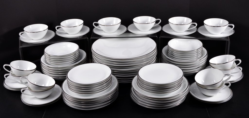 Over 80 Pieces Noritake Silverdale Dinnerware: 5 piece place setting for 12 (dinner plate, salad plate, bread & butter plate, cup & saucer, 12 fruit/dessert bowls, 12 coupe soup bowls)