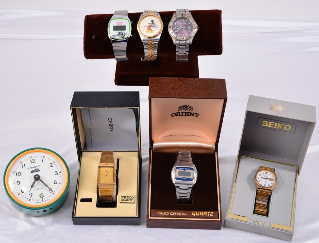 Russian Alarm Clock And Mens Watches: Clock made in USSR Serkisos, watches inc. boxed Seiko, Lorus Mickey, Field Ranger and boxed Orient quartz. As Found.
