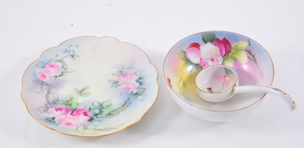 Handpainted Floral Decorated Nippon & Limoges: Footed Nippon mayonnaise w/spoon, French Limoges 6" D plate.
