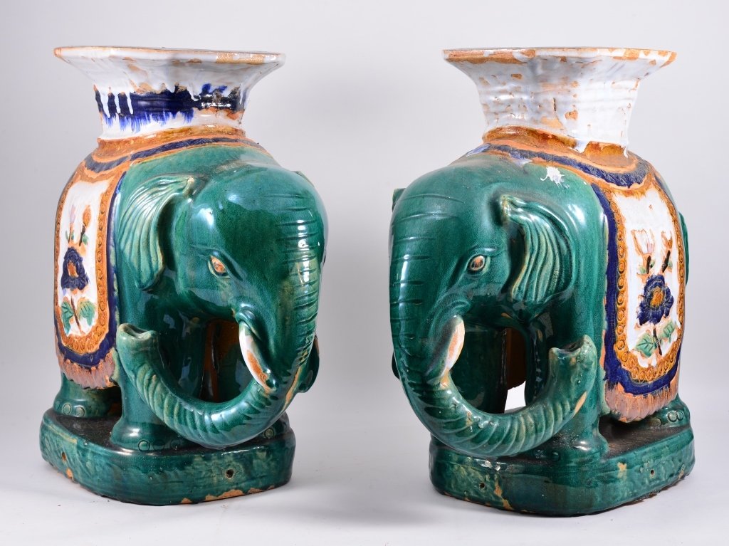 Pair Ceramic Garden Elephants: Approx. 20.5" T, some minor losses.