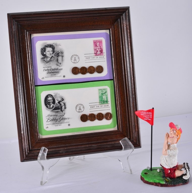 Golf Related Official First Day Issues: Honoring Babe Didrikson Zaharias (w/four 1940s pennies) & Bobby Jones (w/four 1940s & 1950s pennies) together w/golfers prayer figurine.