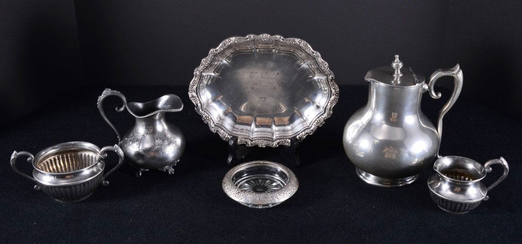 Silverplate Pitcher, Cream & Sugar Plus: Pitcher 7.5" T, channeled cream & sugar, footed creamer, 8" L dish and coaster.