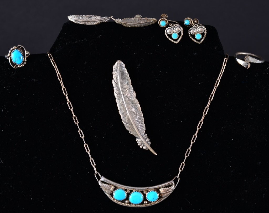 Vintage Sterling Jewelry Plus Coro Ring: Sterling & turquoise necklace, rings & earrings; Jewelart sterling feather pin and earrings 14.4 g, Coro ring. Estate jewelry.