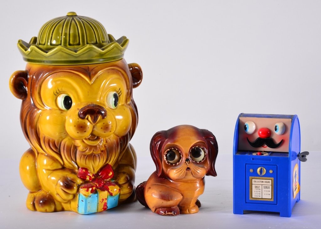Googly Eyes Cookie Jar, Clock And Bank: Cookie jar 11.5" T (small chip inner rim), wooden clock and plastic coin bank.