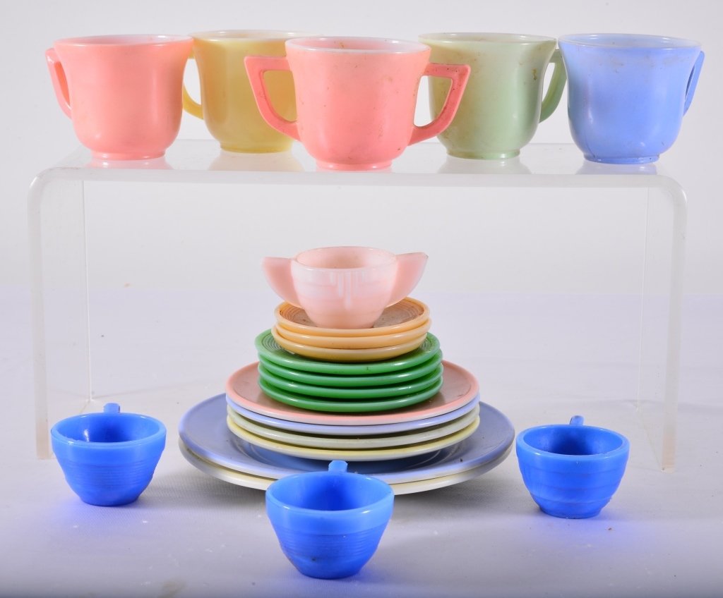 Multi Colored Children's Miniature Dishes: Inc. plates, saucers, sugar, cups.