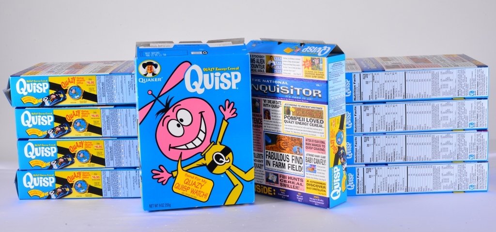 10 Quaker Oaks Quisp Cereal Boxes: 1997, boxes only.