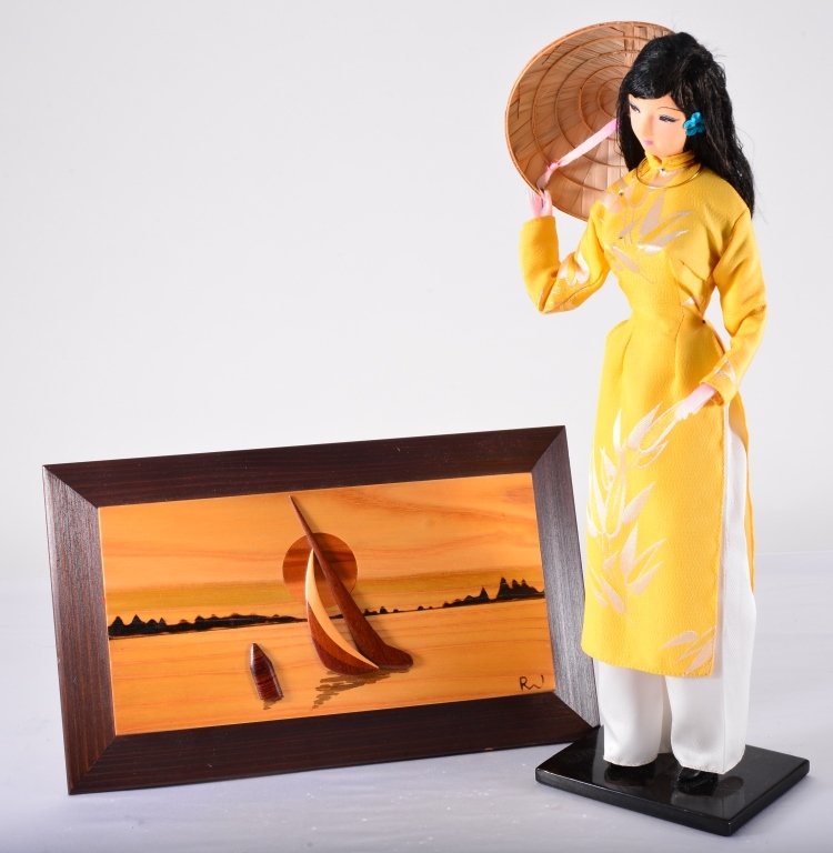Vietnamese Doll On Stand: 16.5" T plus wooden art signed Robert W. Johnson.