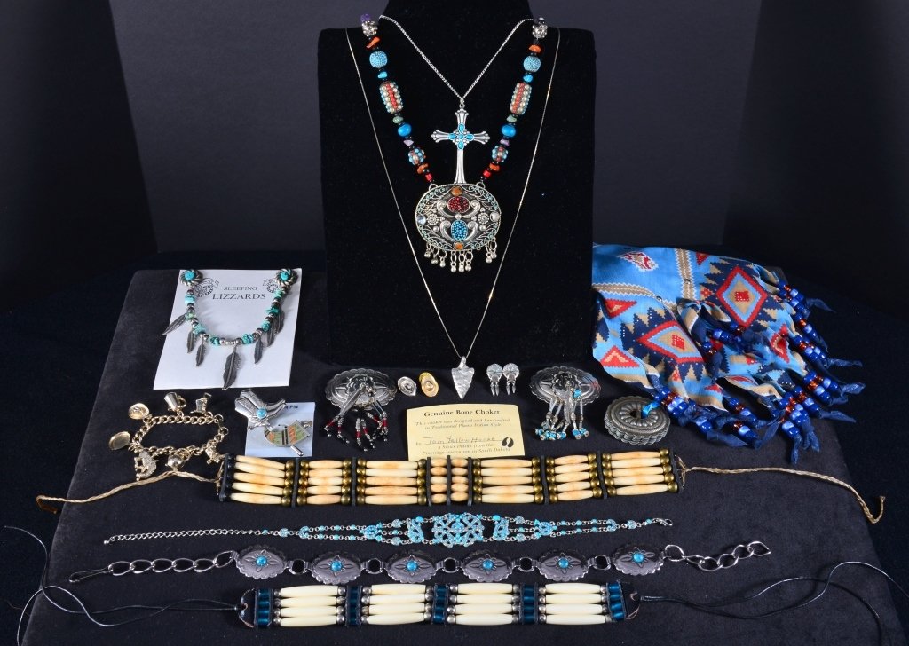 Vintage Southwestern Costume Jewelry Plus: Necklaces, (1 genuine pewter, 1 bone choker made by Sioux Tom Yellowhorse), pins, stick pin, bracelet, sweater guard, conchos, scarf. Estate jewelry.